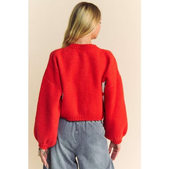 Davi & Dani Flower Contrast Round Neck Long Sleeves Cropped Cardigan | Orange - Picture 3 of 7